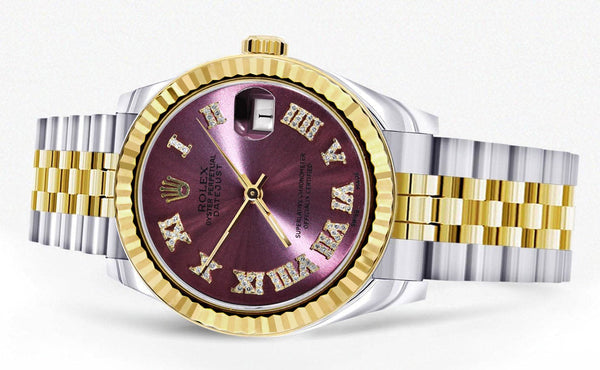 Diamond Gold Rolex Watch | 68273 | Fluted Bezel | 31MM | Purple Roman Numeral Diamond Dial | Jubilee Band