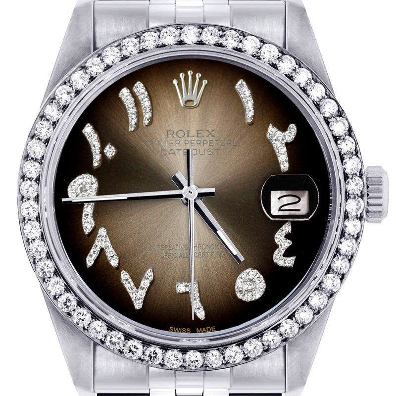 Diamond Mens Rolex Datejust Watch 16200 | 36Mm | Brown Arabic Diamond Dial | Jubilee Band