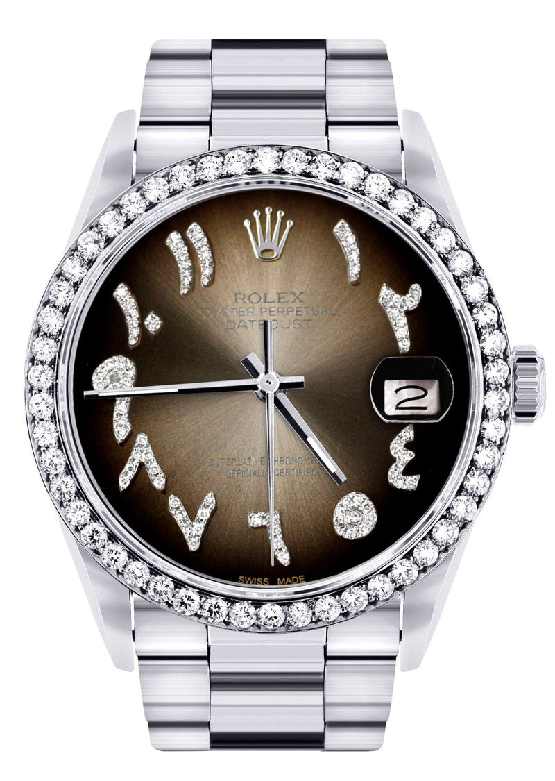 Diamond Mens Rolex Datejust Watch 16200 | 36Mm | Brown Arabic Diamond Dial | Oyster Band