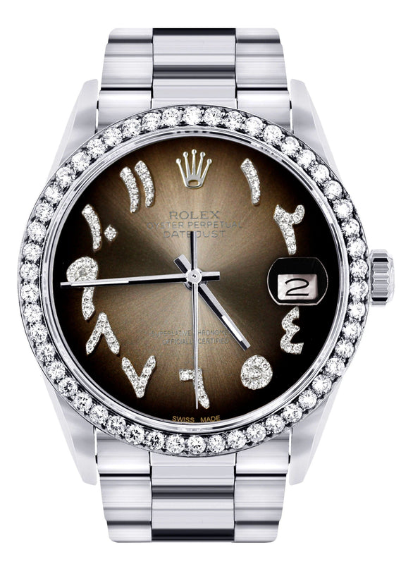 Diamond Mens Rolex Datejust Watch 16200 | 36Mm | Brown Arabic Diamond Dial | Oyster Band