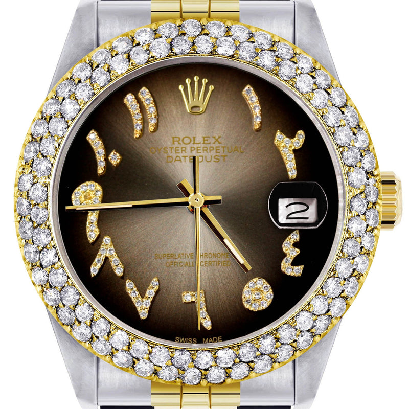 Diamond Gold Rolex Watch For Women 16233 | 36Mm | Brown Arabic Diamond Dial | Two Row 4.25 Carat Bezel | Jubilee Band