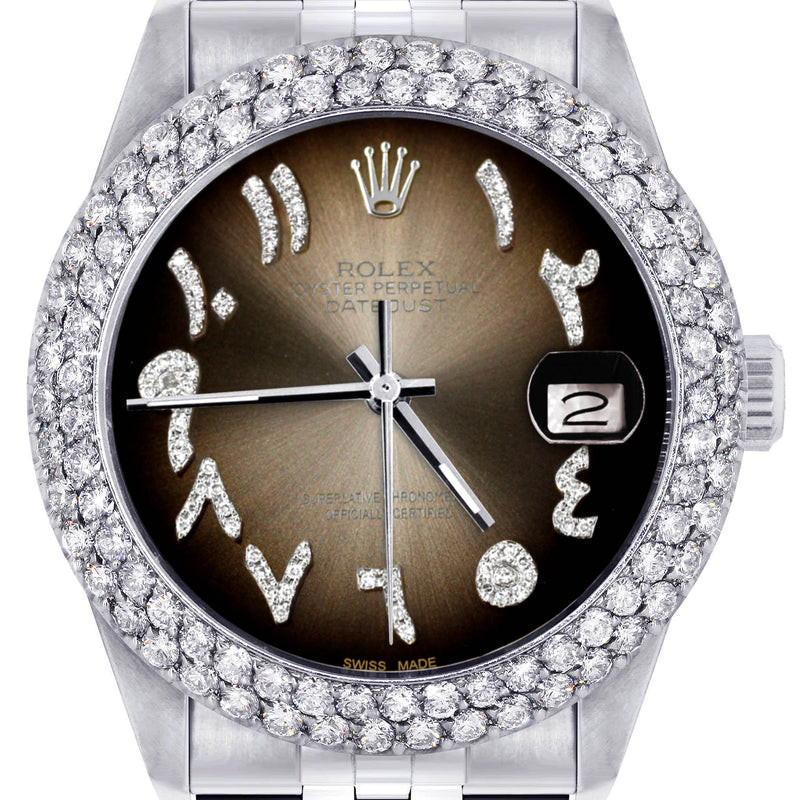 Womens Rolex Datejust Watch 16200 | 36Mm | Brown Arabic Diamond Dial | Two Row 4.25 Carat Bezel | Jubilee Band