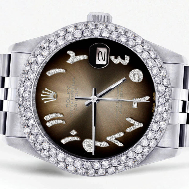 Womens Rolex Datejust Watch 16200 | 36Mm | Brown Arabic Diamond Dial | Two Row 4.25 Carat Bezel | Jubilee Band