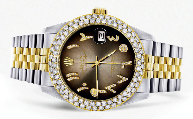 Diamond Gold Rolex Watch For Men 16233 | 36Mm | Brown Arabic Diamond Dial | Two Row 4.25 Carat Bezel | Jubilee Band