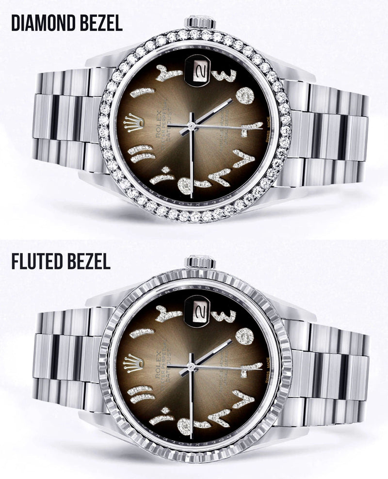 Diamond Mens Rolex Datejust Watch 16200 | 36Mm | Brown Arabic Diamond Dial | Oyster Band