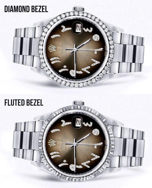 Diamond Mens Rolex Datejust Watch 16200 | 36Mm | Brown Arabic Diamond Dial | Oyster Band