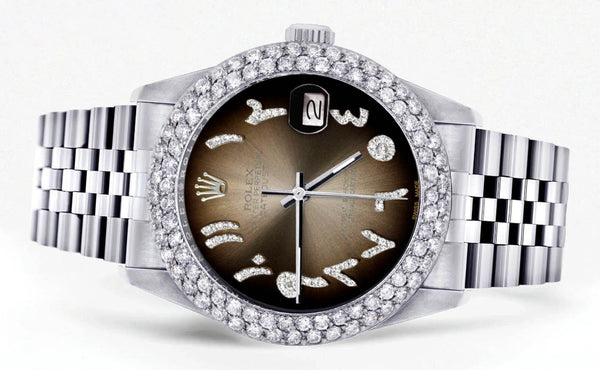 Mens Rolex Datejust Watch 16200 | 36Mm | Brown Arabic Diamond Dial | Two Row 4.25 Carat Bezel | Jubilee Band