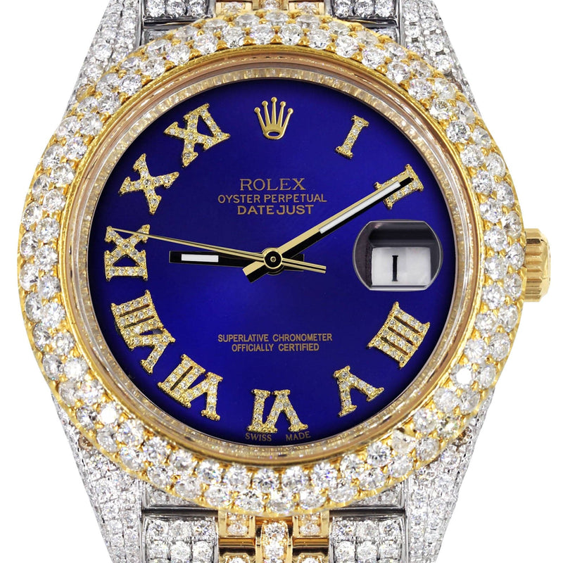 Diamond Iced Out Rolex Datejust 41 | 25 Carats Of Diamonds | Custom Royal Blue Roman Numeral Diamond Dial | Two Tone | Two Row | Jubilee Band