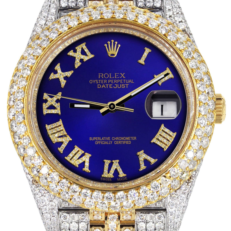 Womens Diamond Iced Out Rolex Datejust 41 | 25 Carats Of Diamonds | Custom Royal Blue Roman Numeral Diamond Dial | Two Tone | Two Row | Jubilee Band