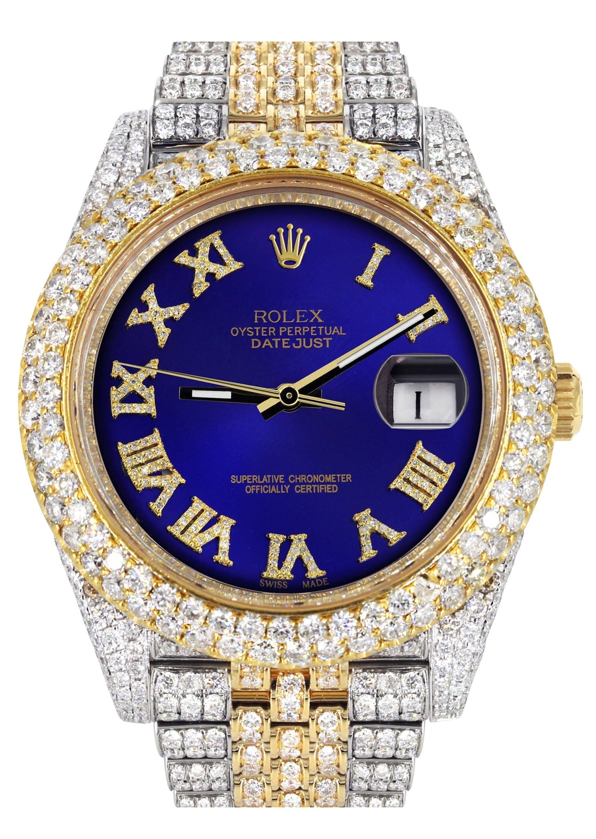 Womens Diamond Iced Out Rolex Datejust 41 | 25 Carats Of Diamonds | Custom Royal Blue Roman Numeral Diamond Dial | Two Tone | Two Row | Jubilee Band