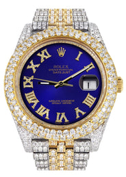 Womens Diamond Iced Out Rolex Datejust 41 | 25 Carats Of Diamonds | Custom Royal Blue Roman Numeral Diamond Dial | Two Tone | Two Row | Jubilee Band