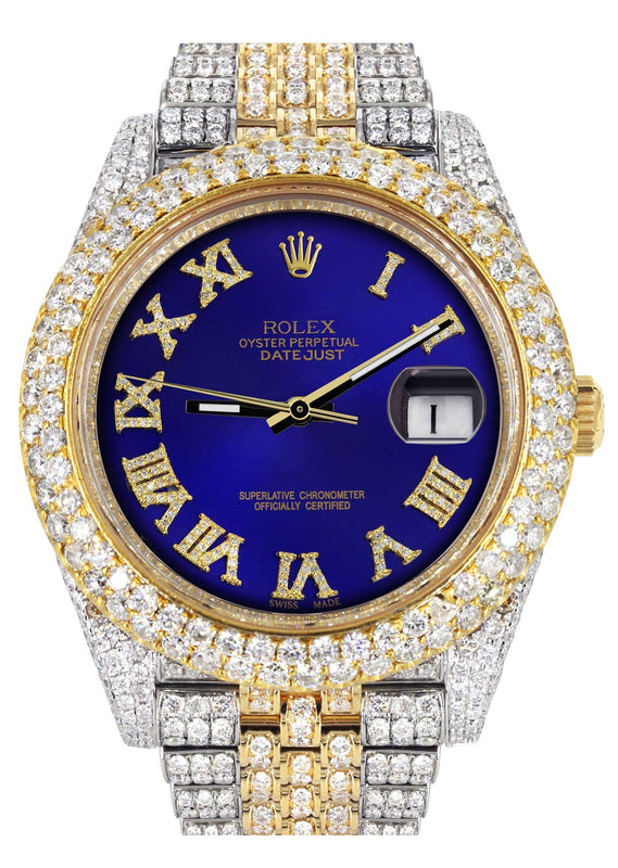 Diamond Iced Out Rolex Datejust 41 | 25 Carats Of Diamonds | Custom Royal Blue Roman Numeral Diamond Dial | Two Tone | Two Row | Jubilee Band