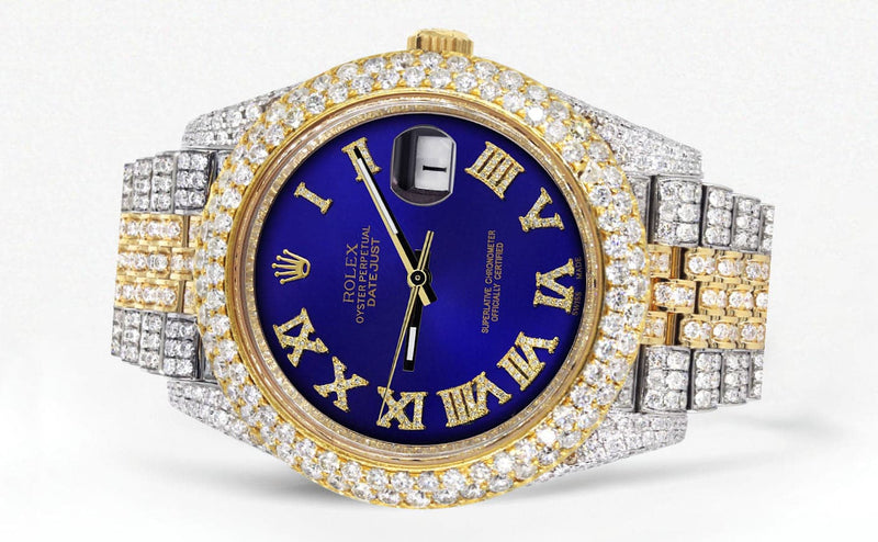 Diamond Iced Out Rolex Datejust 41 | 25 Carats Of Diamonds | Custom Royal Blue Roman Numeral Diamond Dial | Two Tone | Two Row | Jubilee Band