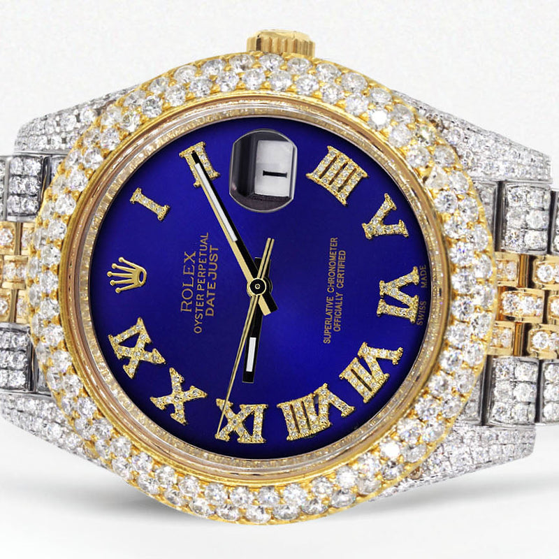 Womens Diamond Iced Out Rolex Datejust 41 | 25 Carats Of Diamonds | Custom Royal Blue Roman Numeral Diamond Dial | Two Tone | Two Row | Jubilee Band