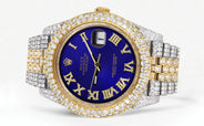 Womens Diamond Iced Out Rolex Datejust 41 | 25 Carats Of Diamonds | Custom Royal Blue Roman Numeral Diamond Dial | Two Tone | Two Row | Jubilee Band