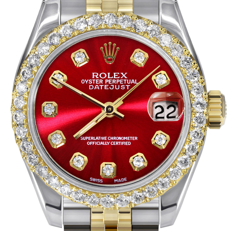 Womens Diamond Gold Hidden Clasp Rolex Watch | 1 Carat Bezel | 26Mm | Red Dial | Jubilee Band | Model 179173