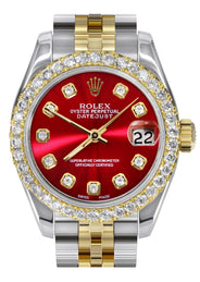 Womens Diamond Gold Hidden Clasp Rolex Watch | 1 Carat Bezel | 26Mm | Red Dial | Jubilee Band | Model 179173