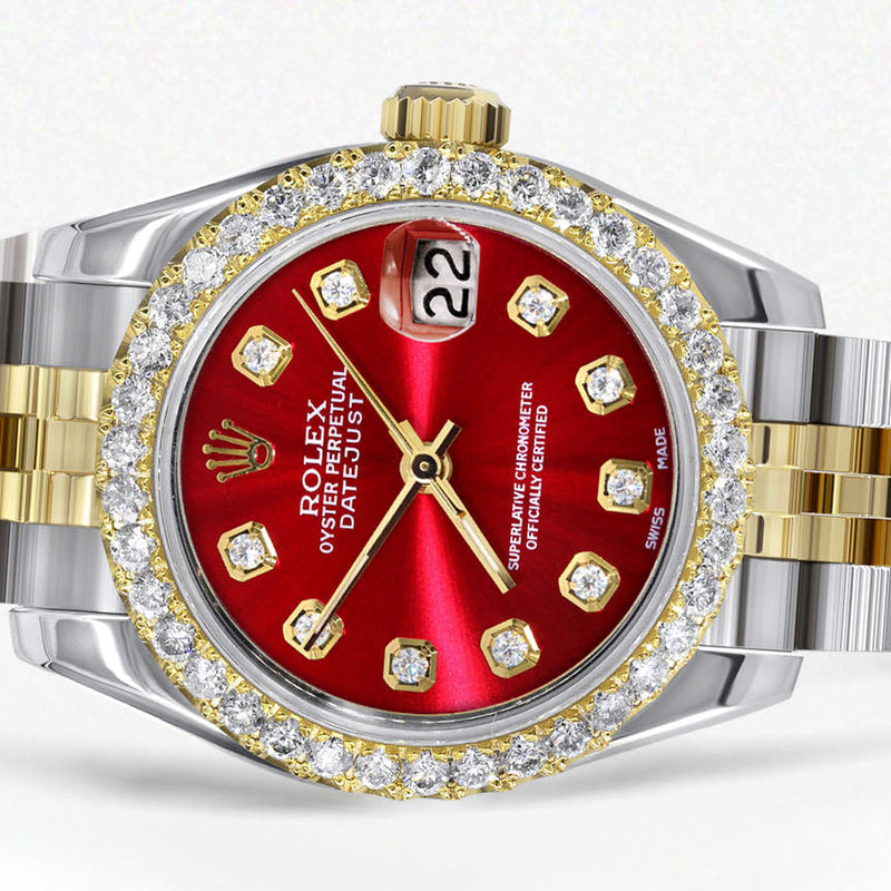 Womens Diamond Gold Hidden Clasp Rolex Watch | 1 Carat Bezel | 26Mm | Red Dial | Jubilee Band | Model 179173