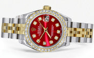 Womens Diamond Gold Hidden Clasp Rolex Watch | 1 Carat Bezel | 26Mm | Red Dial | Jubilee Band | Model 179173