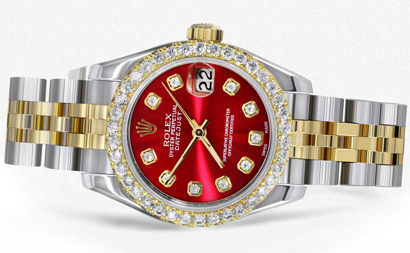 Womens Diamond Gold Hidden Clasp Rolex Watch | 1 Carat Bezel | 26Mm | Red Dial | Jubilee Band | Model 179173