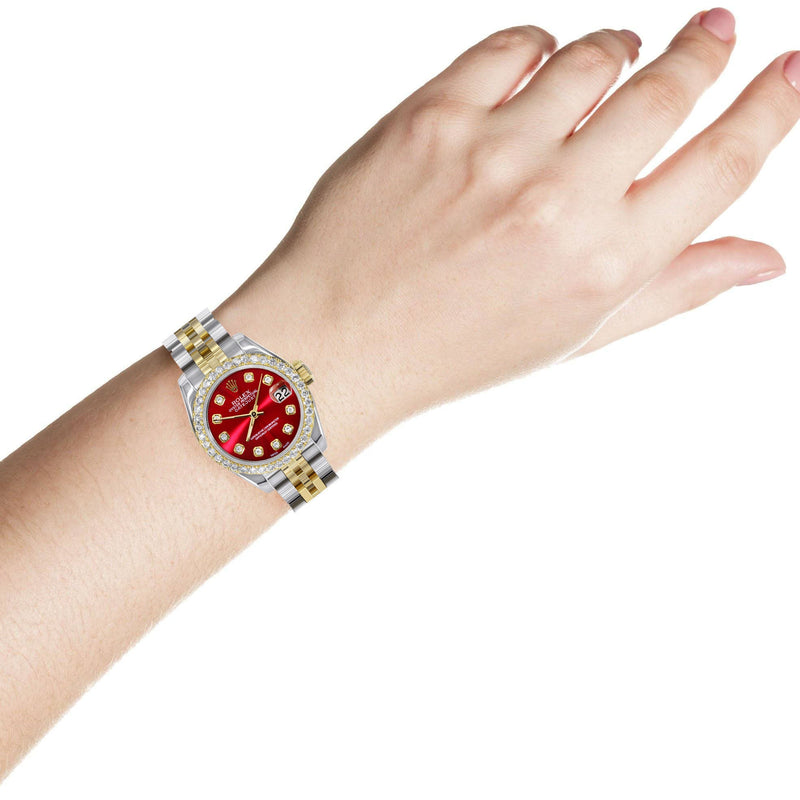 Womens Diamond Gold Hidden Clasp Rolex Watch | 1 Carat Bezel | 26Mm | Red Dial | Jubilee Band | Model 179173