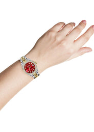 Womens Diamond Gold Hidden Clasp Rolex Watch | 1 Carat Bezel | 26Mm | Red Dial | Jubilee Band | Model 179173