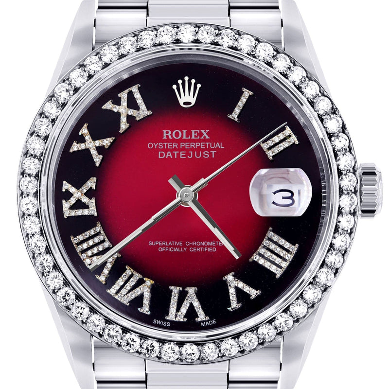 Diamond Mens Rolex Datejust Watch 16200 | 36Mm | Diamond Red Roman Numeral Dial | Oyster Band