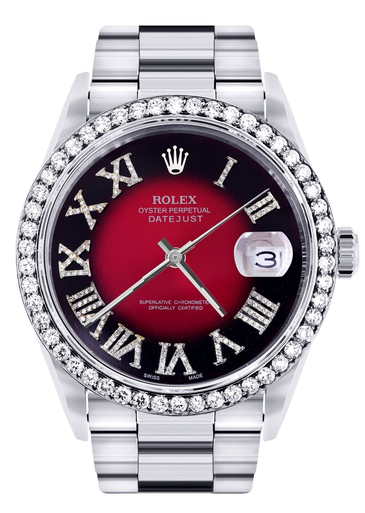 Diamond Mens Rolex Datejust Watch 16200 | 36Mm | Diamond Red Roman Numeral Dial | Oyster Band