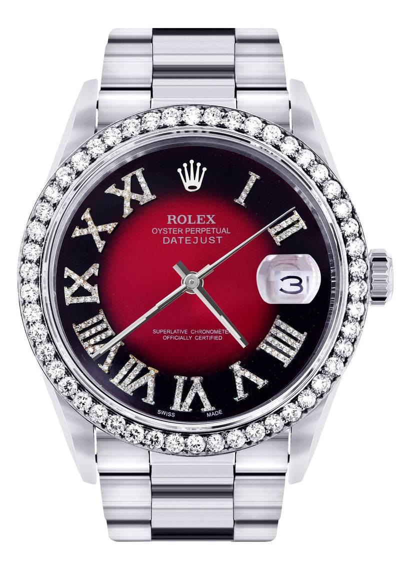 Diamond Mens Rolex Datejust Watch 16200 | 36Mm | Diamond Red Roman Numeral Dial | Oyster Band
