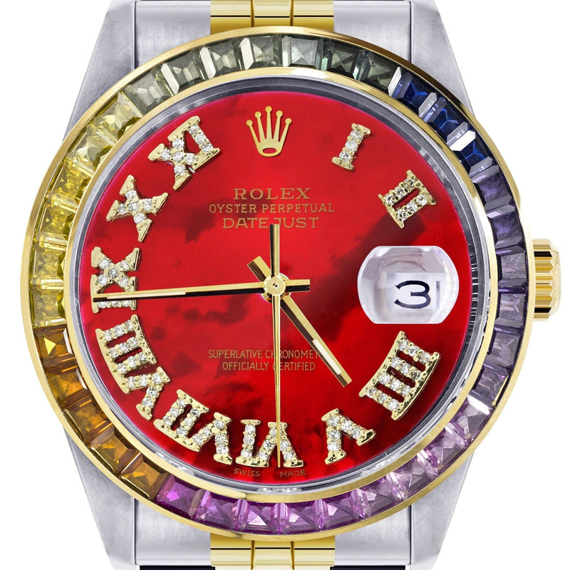 Diamond Gold Rolex Watch For Men 16233 | 36Mm | Rainbow Sapphire Bezel | Diamond Red Mother Of Pearl Roman Numeral Dial | Jubilee Band