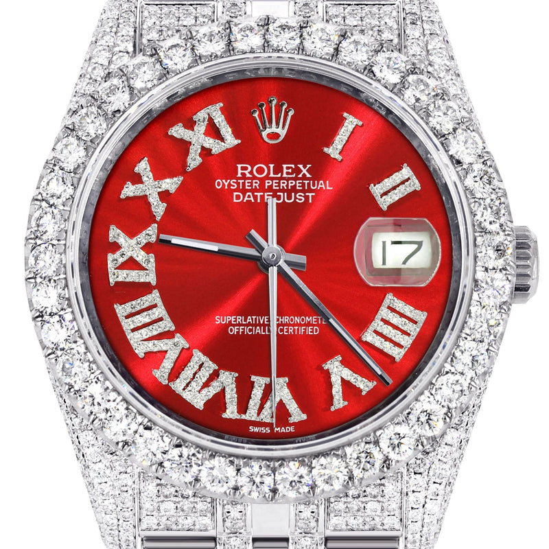 Iced Out Rolex Datejust 36 MM | Stainless Steel | 16.5 Carats of Diamonds | Red Roman Diamond Dial | Jubilee Band | Model 116200