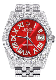 Iced Out Rolex Datejust 36 MM | Stainless Steel | 16.5 Carats of Diamonds | Red Roman Diamond Dial | Jubilee Band | Model 116200