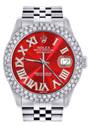 Mens Rolex Datejust Watch 16200 | 36Mm | Red Roman Numeral Dial | Two Row 4.25 Carat Bezel | Jubilee Band