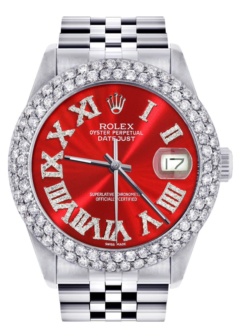 Mens Rolex Datejust Watch 16200 | 36Mm | Red Roman Numeral Dial | Two Row 4.25 Carat Bezel | Jubilee Band