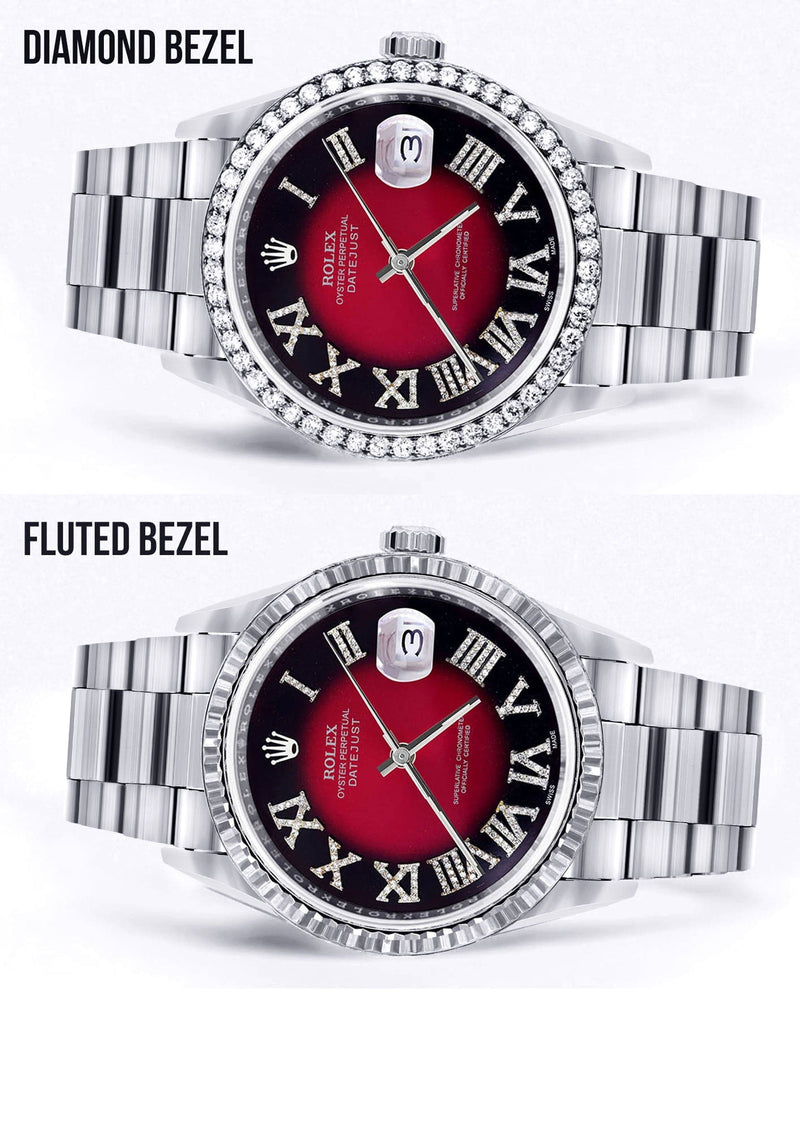 Diamond Mens Rolex Datejust Watch 16200 | 36Mm | Diamond Red Roman Numeral Dial | Oyster Band