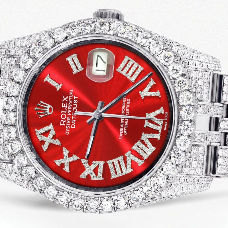 Iced Out Rolex Datejust 36 MM | Stainless Steel | 16.5 Carats of Diamonds | Red Roman Diamond Dial | Jubilee Band | Model 116200