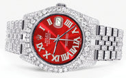 Iced Out Rolex Datejust 36 MM | Stainless Steel | 16.5 Carats of Diamonds | Red Roman Diamond Dial | Jubilee Band | Model 116200