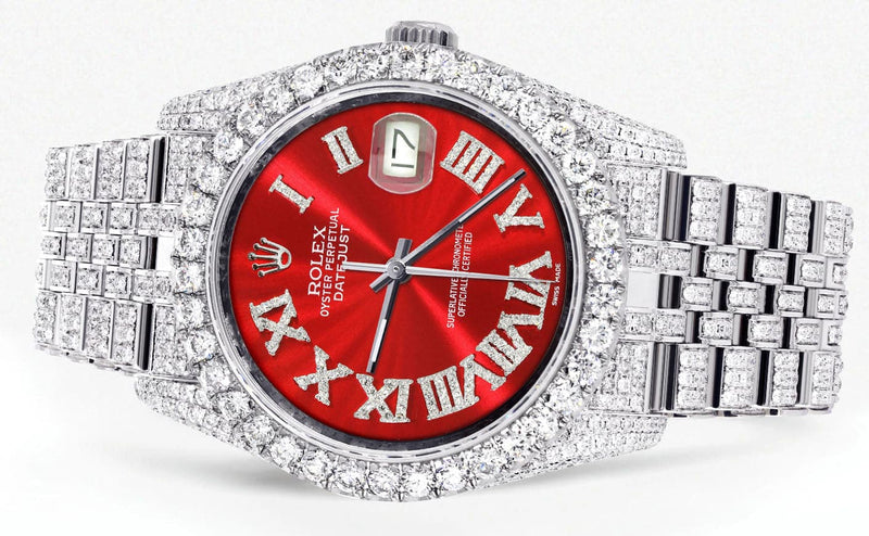 Iced Out Rolex Datejust 36 MM | Stainless Steel | 16.5 Carats of Diamonds | Red Roman Diamond Dial | Jubilee Band | Model 116200