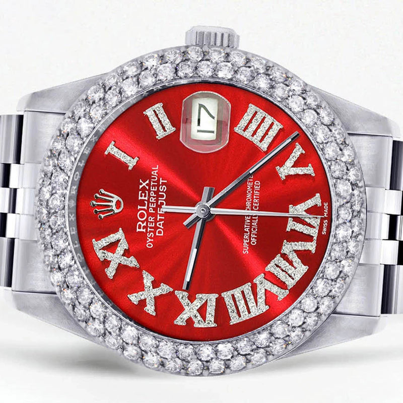 Mens Rolex Datejust Watch 16200 | 36Mm | Red Roman Numeral Dial | Two Row 4.25 Carat Bezel | Jubilee Band
