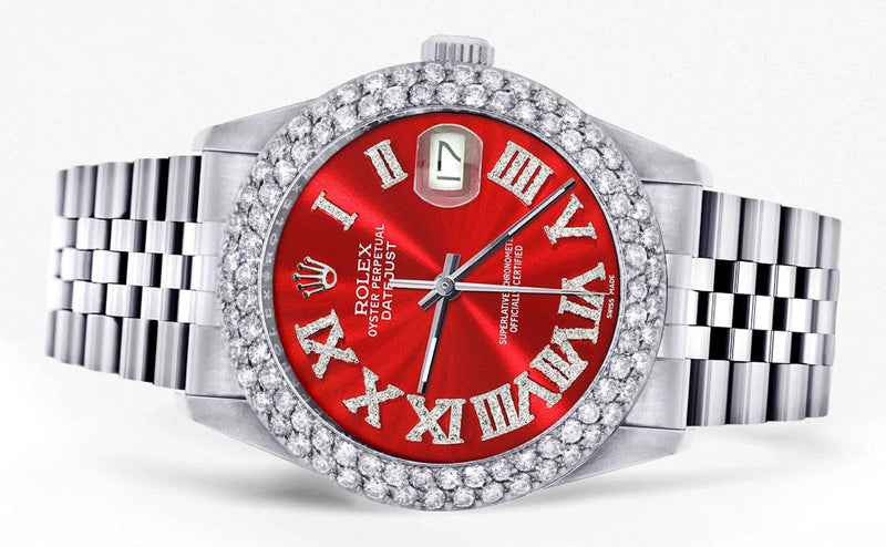 Mens Rolex Datejust Watch 16200 | 36Mm | Red Roman Numeral Dial | Two Row 4.25 Carat Bezel | Jubilee Band