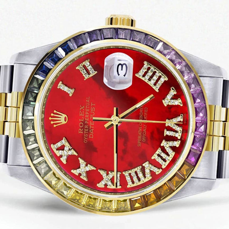 Diamond Gold Rolex Watch For Men 16233 | 36Mm | Rainbow Sapphire Bezel | Diamond Red Mother Of Pearl Roman Numeral Dial | Jubilee Band