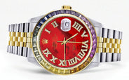 Diamond Gold Rolex Watch For Men 16233 | 36Mm | Rainbow Sapphire Bezel | Diamond Red Mother Of Pearl Roman Numeral Dial | Jubilee Band