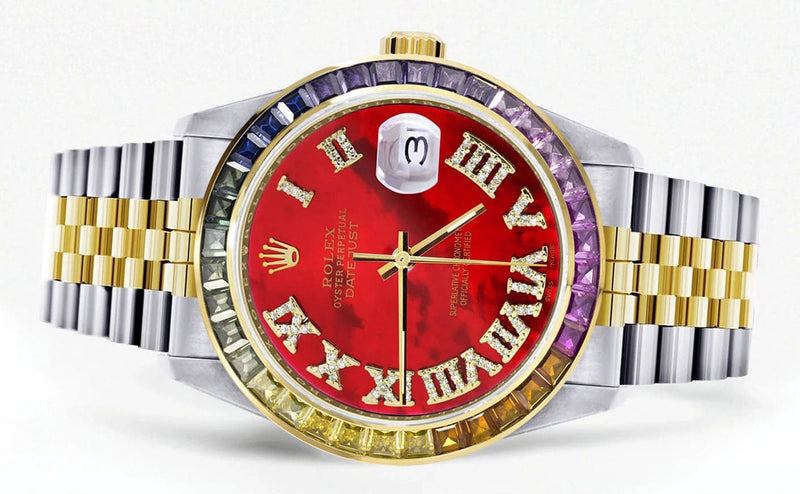 Diamond Gold Rolex Watch For Men 16233 | 36Mm | Rainbow Sapphire Bezel | Diamond Red Mother Of Pearl Roman Numeral Dial | Jubilee Band