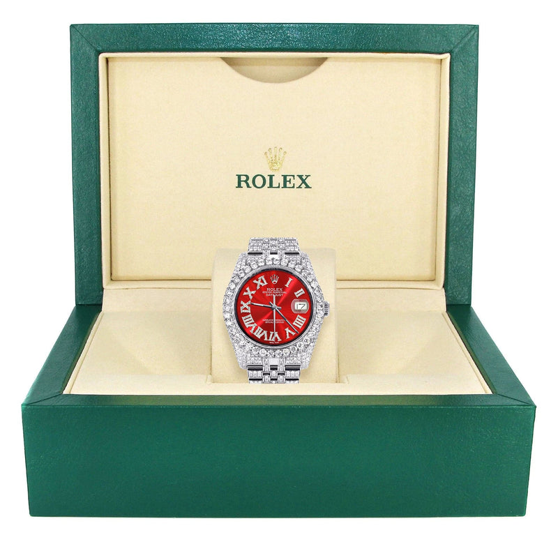 Iced Out Rolex Datejust 36 MM | Stainless Steel | 16.5 Carats of Diamonds | Red Roman Diamond Dial | Jubilee Band | Model 116200