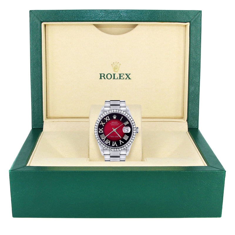 Diamond Mens Rolex Datejust Watch 16200 | 36Mm | Diamond Red Roman Numeral Dial | Oyster Band