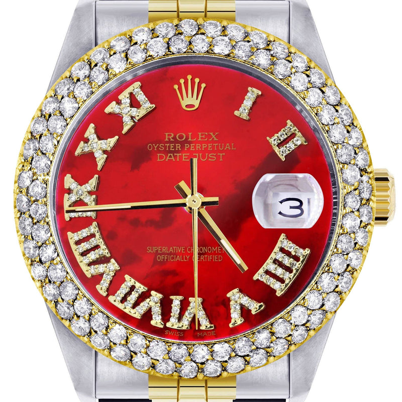 Diamond Gold Rolex Watch For Men 16233 | 36Mm | Red Mother of Pearl Roman Numeral Dial | Two Row 4.25 Carat Bezel | Jubilee Band