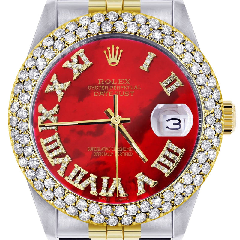 Diamond Gold Rolex Watch For Women 16233 | 36Mm | Red Mother of Pearl Roman Numeral Dial | Two Row 4.25 Carat Bezel | Jubilee Band