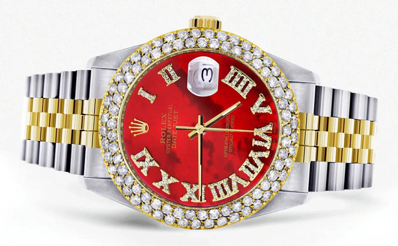 Diamond Gold Rolex Watch For Men 16233 | 36Mm | Red Mother of Pearl Roman Numeral Dial | Two Row 4.25 Carat Bezel | Jubilee Band