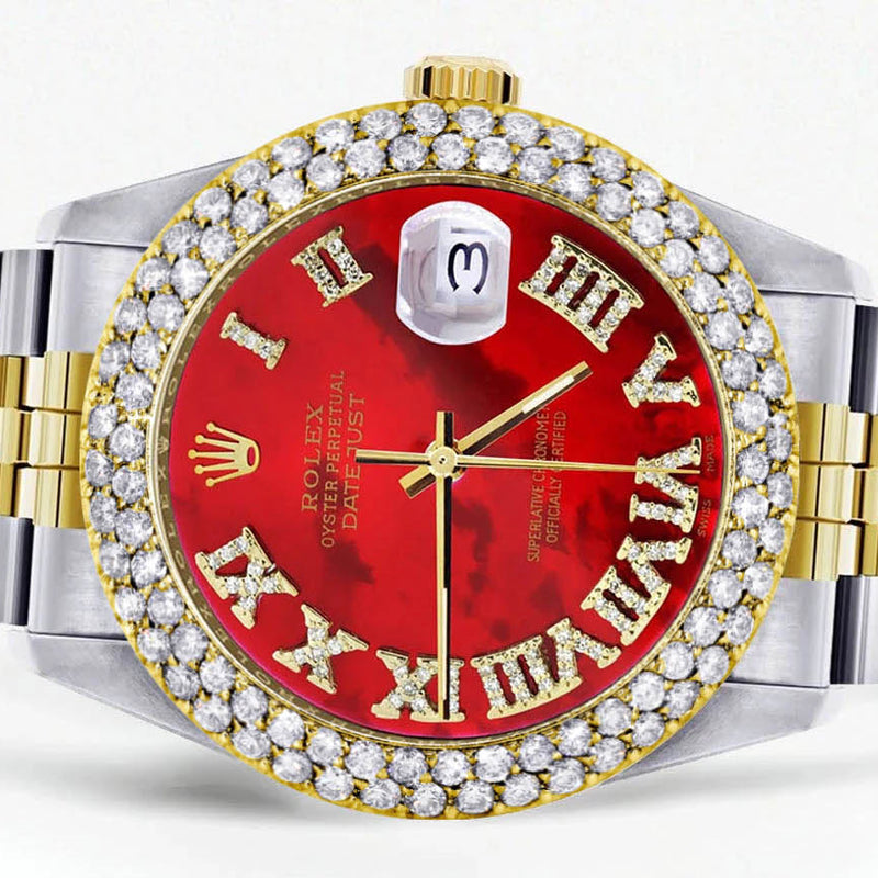 Diamond Gold Rolex Watch For Women 16233 | 36Mm | Red Mother of Pearl Roman Numeral Dial | Two Row 4.25 Carat Bezel | Jubilee Band