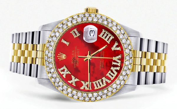 Diamond Gold Rolex Watch For Women 16233 | 36Mm | Red Mother of Pearl Roman Numeral Dial | Two Row 4.25 Carat Bezel | Jubilee Band